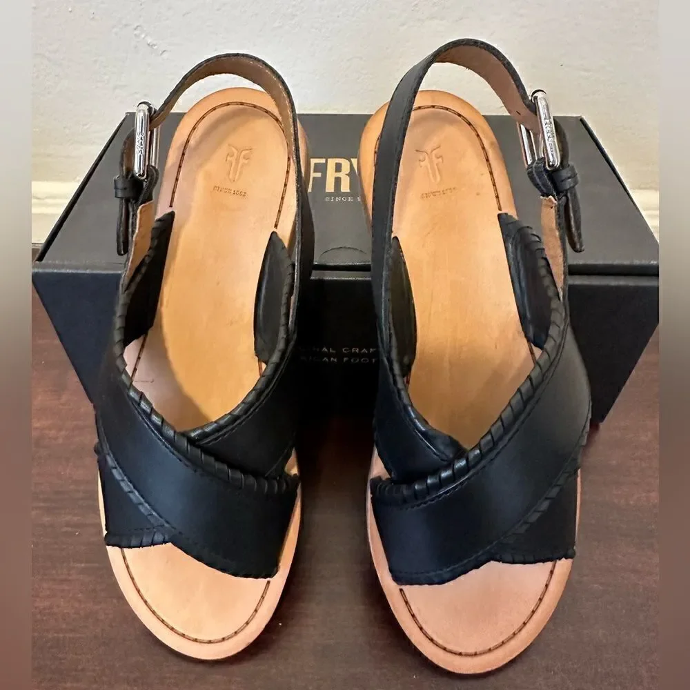 💥Frye Women’s leather feather criss cross black sandal size 7,5 NIB